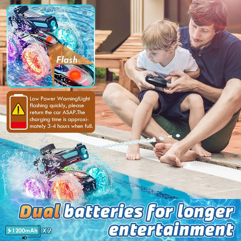Amphibious RC Car That Rips On Land And Water 4WD Waterproof Monster With Water Gun 2 4GHz Battle Ready Boat being played by man and child by pool.