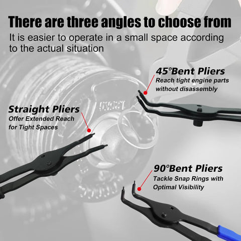 Close-up of 14 Piece Snap Ring Pliers Set with Internal and External Retaining Rings Pliers, showing straight, 45° and 90° bent tips.