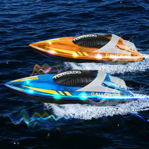 Rad Two Pack Remote Control Boat for Pools and Lakes Night Racing LED RC Boat model on water with lights glowing
