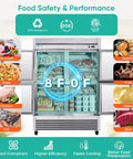 Food safety performance features of Top Shelf Heavy Duty Commercial Upright Freezer With Four Solid Doors And Slick Stainless Steel Construction 44.5 Cu Ft.