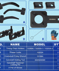 Chrysler 3.6 Pentastar Timing Tool Kit With Camshaft Phaser Lock Tool For VW Jeep Dodge 3.6L Engines includes timing chain holders, phaser locks, and pulley tool display.