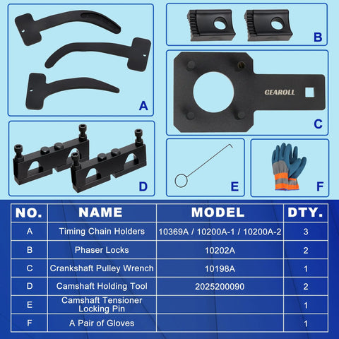 Chrysler 3.6 Pentastar Timing Tool Kit With Camshaft Phaser Lock Tool For VW Jeep Dodge 3.6L Engines includes timing chain holders, phaser locks, and pulley tool display.