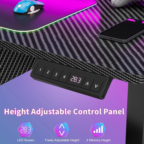 Level Up Your Gaming Space With This Electric Standing Desk That Offers Smooth Height Adjustment Customizable Rgb Lighting And Fast Usb Charging For Cool Setups - close-up of carbon fiber surface with height control panel.