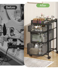Rolling Makeup Cart Organizer With Three Drawers For Cosmetics And Skincare, Dividers For Easy Sorting, Floor Storage With Swivel Wheels, Versatile Vanity Organizer For Nail Polish Perfume Brushes Hair Tools, Black next to messy vanity table