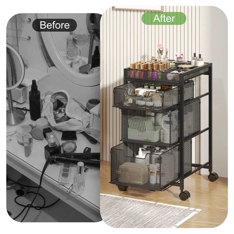 Rolling Makeup Cart Organizer With Three Drawers For Cosmetics And Skincare, Dividers For Easy Sorting, Floor Storage With Swivel Wheels, Versatile Vanity Organizer For Nail Polish Perfume Brushes Hair Tools, Black next to messy vanity table