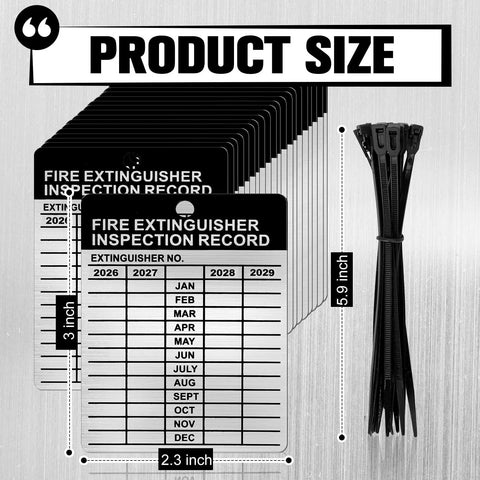 Metal Fire Extinguisher Inspection Tags 2026 2029 Aluminum Weatherproof 2.3 By 3 Inch 25 Sets With Black Wire Ties for size reference