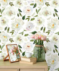 Peony Floral Wallpaper For Bedroom And Nursery, Vintage Watercolor Peel And Stick Mural with flowers and greenery on wall