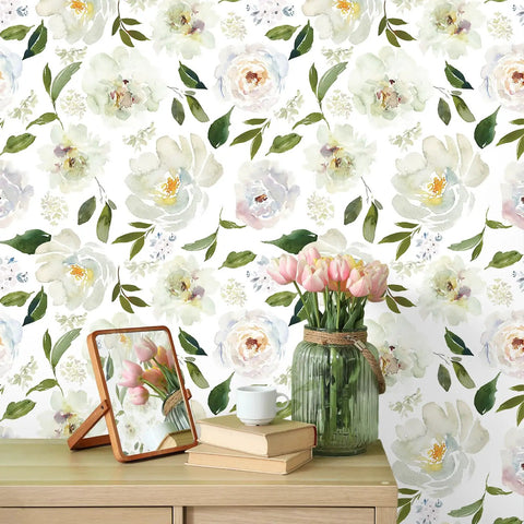 Peony Floral Wallpaper For Bedroom And Nursery, Vintage Watercolor Peel And Stick Mural with flowers and greenery on wall