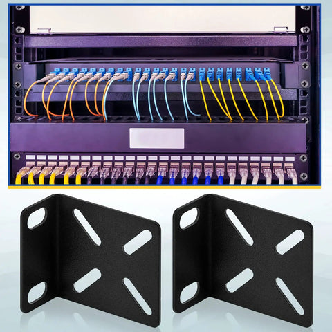Adjustable Rack Mount Brackets For 17.3 Inch Wide Switches Quick Install Steel Rack Ears shown with network cables.