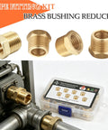 Brass NPT Hex Bushing Reducer 3/8 Inch Male to 1/4 Inch Female Pipe Fittings Set for Pneumatic Tools, storage case visible