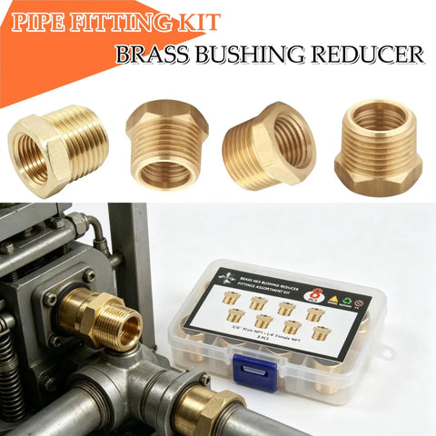Brass NPT Hex Bushing Reducer 3/8 Inch Male to 1/4 Inch Female Pipe Fittings Set for Pneumatic Tools, storage case visible