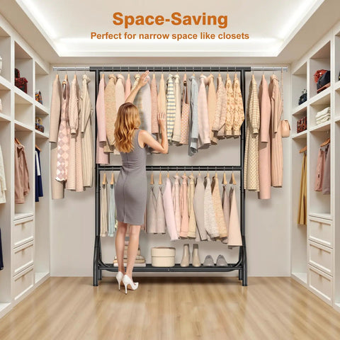 Built Like A Boss Double Rod Clothing Rack In Matte Black Steel, Handles Up To 622 Lbs Dead Flat With Zero Flex, Tall Garment Rack With Roomy Storage Shelves For Your Whole Closet Setup Today