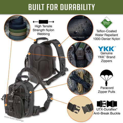 Detailed features of Straight Up Rugged Tactical Sling Bag Crafted For Real Life Hustles And Weekend Ventures with YKK zippers and durable nylon.