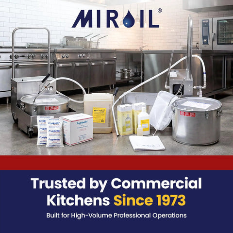 Commercial Electric Fryer Oil Filter System With Fry Powder Included, 75 lb grease loads, portable filtration cart in a restaurant kitchen.