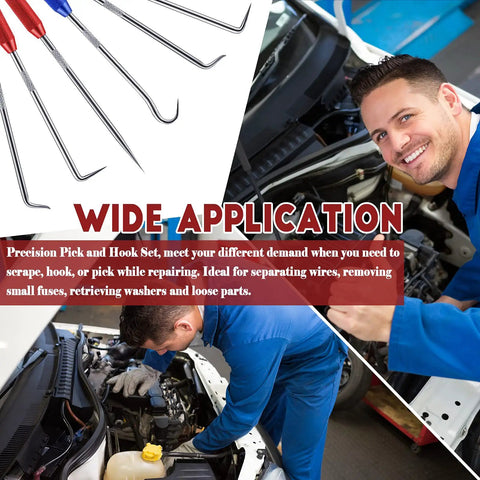 Beefy And Reliable Double Pointed Scriber Set With Knurled Aluminum Grip Rust Proof Steel showing pick tools in an automotive repair setup.