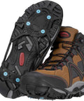 Everyday G3 Ice Cleats For Shoes And Boots With Traction Spikes shown on brown hiking boot with black molded rubber fit.