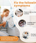 Woman using dryer with lint issues, highlighting Dryer Lint Screen ADQ73373201 with Brush Fits LG & Kenmore Models for vent cleaning.