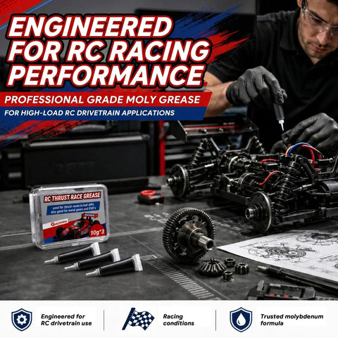 Mechanic using RC Grease High Pressure for Thrust Races and Ball Differentials on RC car with tools on table