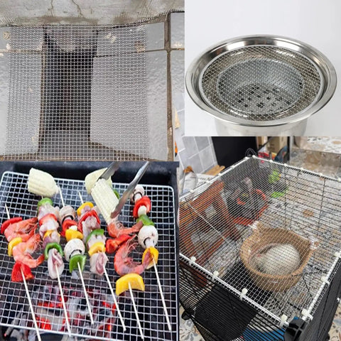 5 Mesh Stainless Steel Wire Mesh Screen 304 used in various applications including barbecue, drainage, and pest protection.