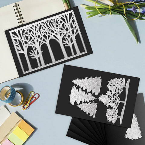 Flexible Magnetic Sheets For Die Storage 5 By 7 Inch 35 Pack Non Adhesive Die Cut Magnet Sheets For Crafts DIY Projects Photo Organization And Scrapbooking displayed with tree die cuts on a desk.