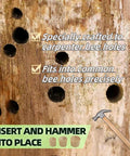 Close-up of a wooden surface with multiple holes and text about fitting plugs from Three In One Carpenter Bee Holes Repair Kit.