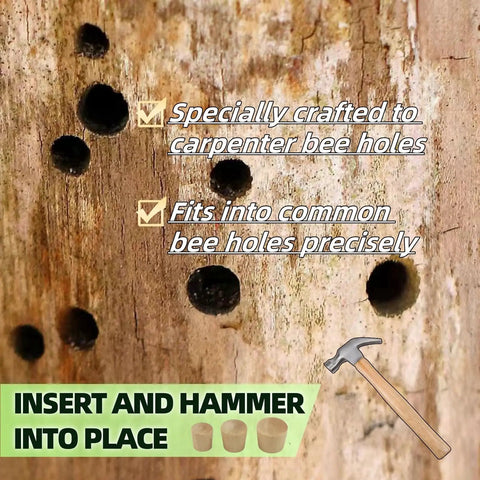 Close-up of a wooden surface with multiple holes and text about fitting plugs from Three In One Carpenter Bee Holes Repair Kit.