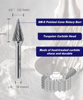 Three Piece Tungsten Carbide Burr Rotary File Set For Die Grinder And Drill With 25 Degree Pointed Cone Double Cut One Quarter Inch Shank One Half Inch Cutter Diameter One Inch Cutter Length Beefed Up Heavy Duty Pro Grade displayed with dimensions and features.