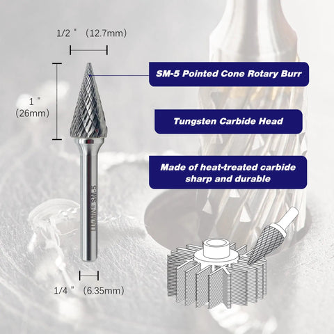 Three Piece Tungsten Carbide Burr Rotary File Set For Die Grinder And Drill With 25 Degree Pointed Cone Double Cut One Quarter Inch Shank One Half Inch Cutter Diameter One Inch Cutter Length Beefed Up Heavy Duty Pro Grade displayed with dimensions and features.