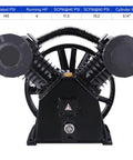 Hefty Cast Iron Twin Cylinder Replacement Air Compressor Pump Head Crushing It With Serious CFM Output For Impact Wrenches And Blasting Jobs With Bulletproof Construction, showcasing twin cylinders and specs.