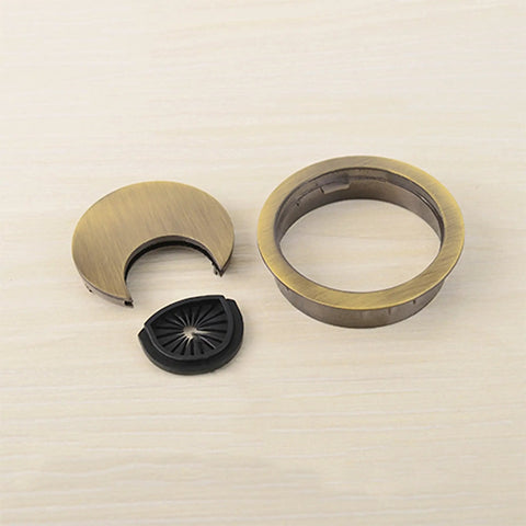 Heavy Duty Zinc Alloy Desk Grommets 3 Pack Totally Fresh Cable Management Cord Hole Covers For Home Office Straight Up Durable Wire Organizers Bronze 2 Inch Desktop Cleanup Kits parts showing bronze finish and black insert.