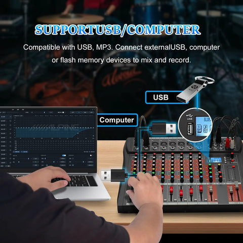 Person using 8 Channel DJ Audio Mixer With Bluetooth 5.0, USB Recording, MP3/USB Playback, Built-In Reverb, 48V Phantom Power