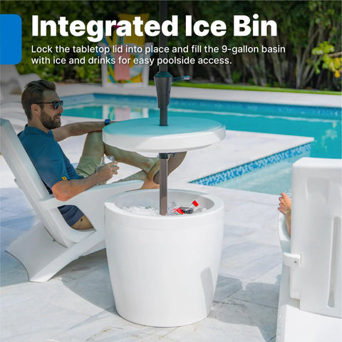 In Pool Shade Table With Built In Cooler And 9 Gallon Basin Lift Lid Umbrella Hole For 15 Inch Water Ledge White Finish at poolside