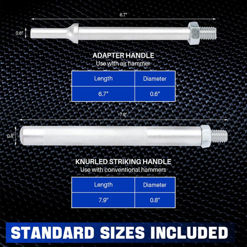 Diagram of Five Piece Ball Joint Separator Tool Set with interchangeable forks, featuring adapter and striking handles with dimensions.