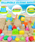Collapsible Beach Toys Set For Kids And Toddlers 32 Piece Sandbox Kit with sand castles, molds, shovels, and sea animal shapes on sand
