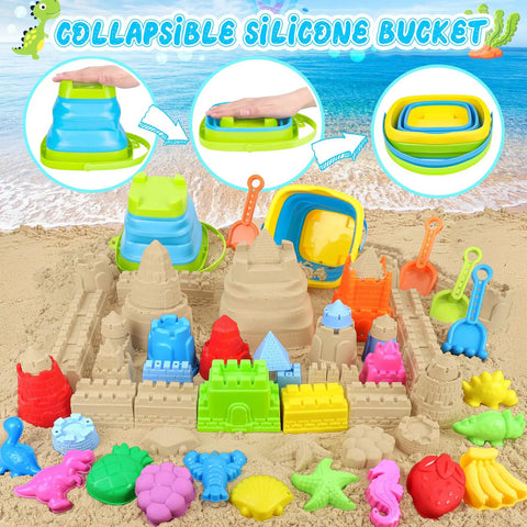 Collapsible Beach Toys Set For Kids And Toddlers 32 Piece Sandbox Kit with sand castles, molds, shovels, and sea animal shapes on sand