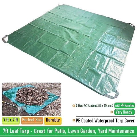 7x7 Foot Waterproof Leaf Tarp With Four Handles For Yard Cleanup And Outdoor Projects, shown in green PE material with handles