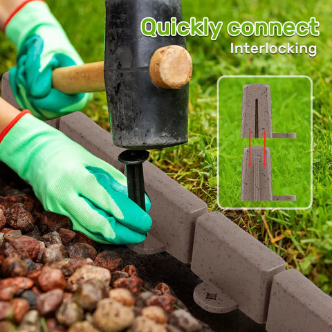 No Dig Garden Edging Kit 16 Feet With Interlocking Sections 2.75 Inch Height decorative border being installed with stake