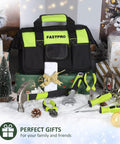 220-Piece Home Tool Set For DIYers And Weekend Warriors displayed in a festive setting with pliers, wrenches, and a green tool bag
