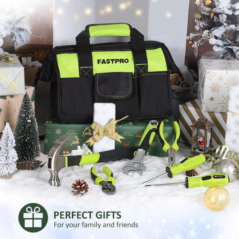 220-Piece Home Tool Set For DIYers And Weekend Warriors displayed in a festive setting with pliers, wrenches, and a green tool bag