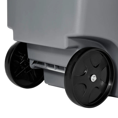 Close-up of wheels on a 65 Gallon Rollout Trash Can With Wheels For Commercial Kitchens And Facilities Tough As Nails Durable Heavy Duty Mobility