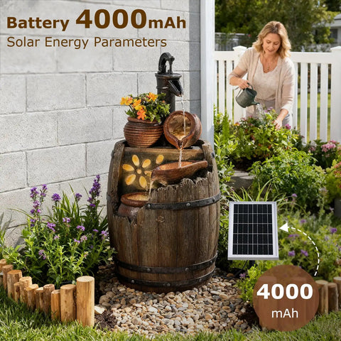 Solar Powered Rustic Barrel Water Fountain With LED Lights, 29 Inch Tall 4 Tier Cascading Outdoor Waterfall in garden setting