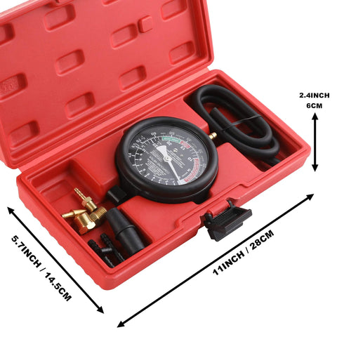 Hromee fuel pump and vacuum tester gauge kit in red case with gauge, hose, and brass fittings