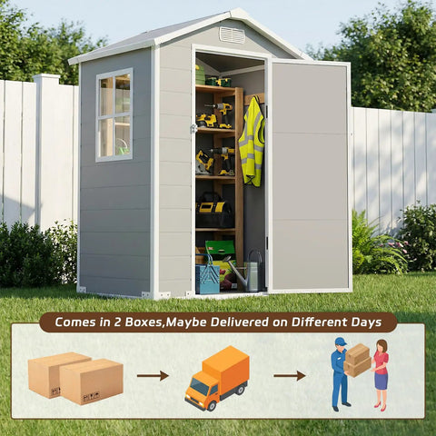 4x3 Ft Resin Outdoor Storage Shed With Sloped Roof, Rain Holes, Lockable Door, shown in garden with open door.