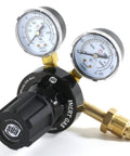 SÜA inert gas regulator with dual gauges for nitrogen, argon and helium; brass fittings and black knob