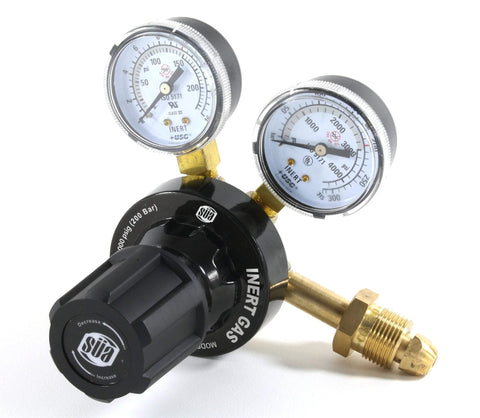 SÜA inert gas regulator with dual gauges for nitrogen, argon and helium; brass fittings and black knob