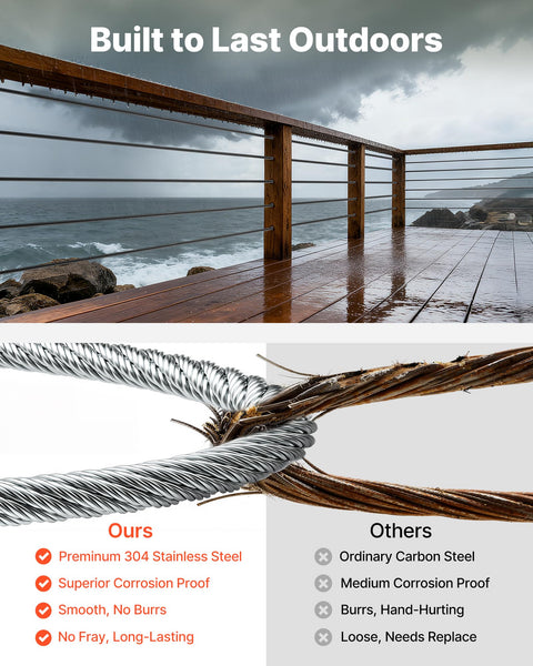 Comparison of Heavy Duty 165 Ft 304 Stainless Steel Wire Cable with deck railing in background