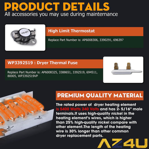 Product details of 5 Piece Dryer Heating Element And Thermostat Replacement Kit For Electric Dryers with elements and thermal cutoff