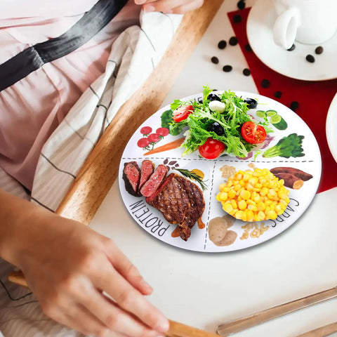 9 Inch Portion Control Plate For Healthy Eating And Weight Loss - Melamine Dinner Plate For Adults And Teens, Ideal For Diabetes Management, 2 Pack on table with meal sections