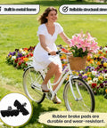 All Weather Road Bike Caliper Brake Pads 4 Piece Set for Quiet Braking with mud drain slots shown on bike with flowers.