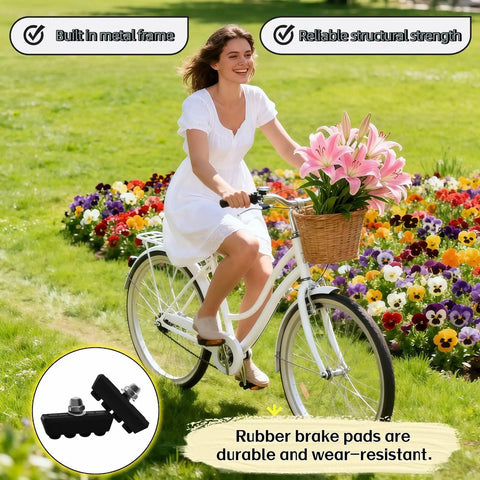All Weather Road Bike Caliper Brake Pads 4 Piece Set for Quiet Braking with mud drain slots shown on bike with flowers.